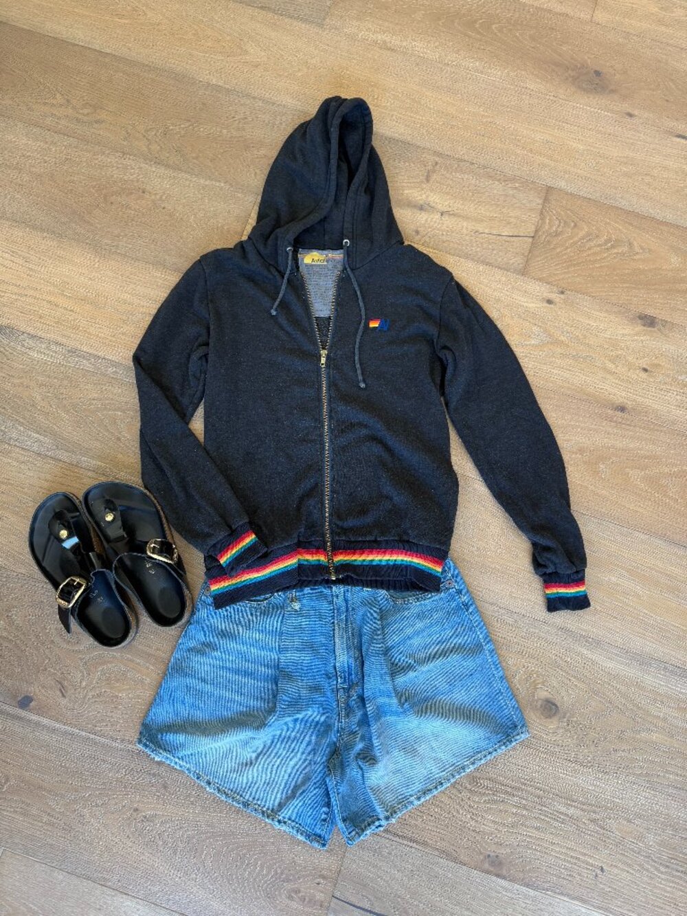 Aviator Nation Classic Rainbow Stripe Full Zip Hoodie - Charcoal Black